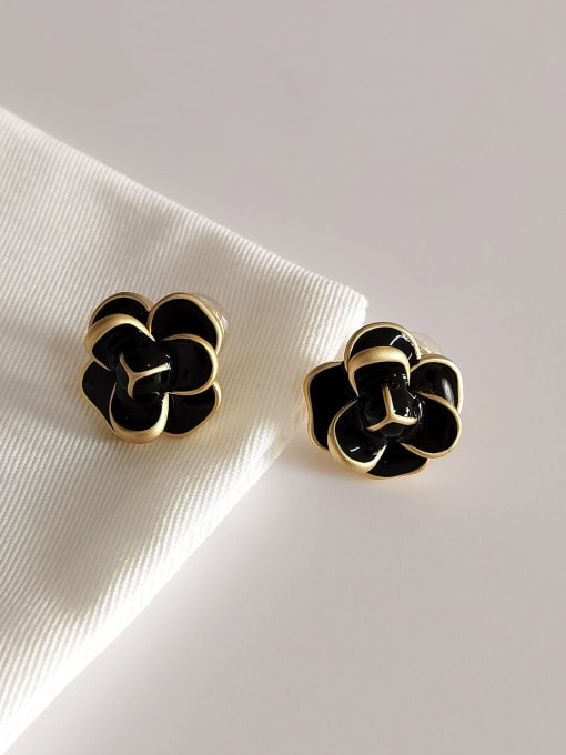 matte   gold black [ ear clip] Brass Enamel Flower Minimalist Clip Earring